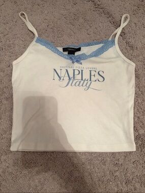 Forever 21 Cream Tank with Light Blue Trim and Naples Italy Print